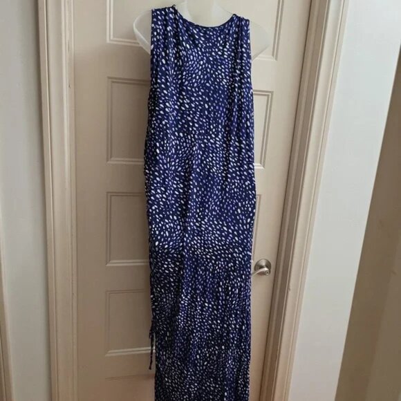 NWOT Torrid Super Soft Blue Ditsy Dot Asymmetrical Drawstring Midi Dress - Picture 7 of 11
